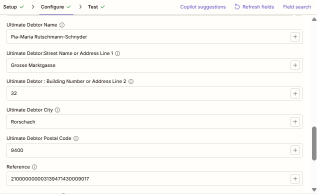 Zapier Create Swiss QR Bill action: Block 4: Ultimate Debtor Name, Ultimate Debtor Address Line 1 / 2, Ultimate Debtor City, Ultimate Debtor Postal Code, Reference